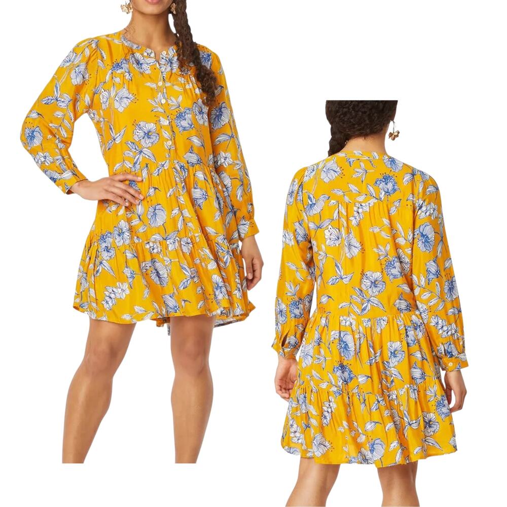 Roller Rabbit 'Adelaide Floral Lela' Mini Dress Long-Sleeve Yellow/Gold Blue, XL